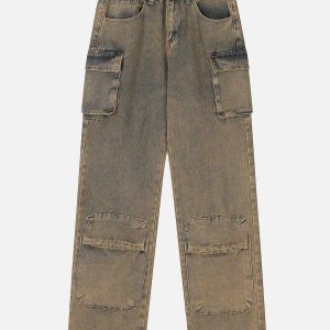youthful multi pocket washed jeans   urban streetwear staple 3138