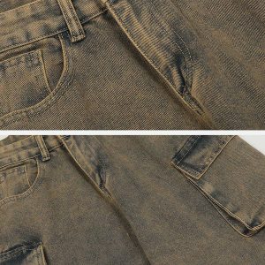 youthful multi pocket washed jeans   urban streetwear staple 6608
