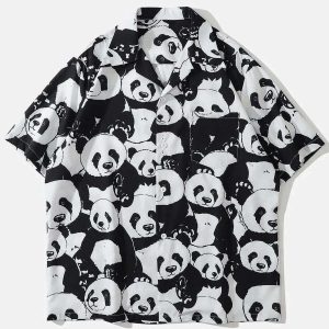 youthful panda print shirt short sleeved & trendy style 6615