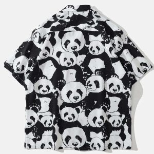 youthful panda print shirt short sleeved & trendy style 8291