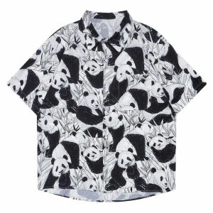 youthful panda print shirt short sleeve & dynamic style 4680