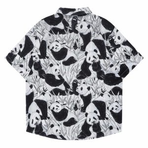 youthful panda print shirt short sleeve & dynamic style 8482