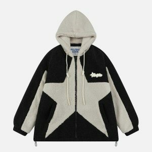 youthful patchwork sherpa coat   star hooded design 2872