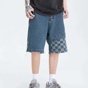 youthful plaid denim shorts streetwear & y2k vibe 5964