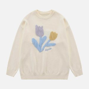 youthful plush flowers sweater   chic floral comfort 8527