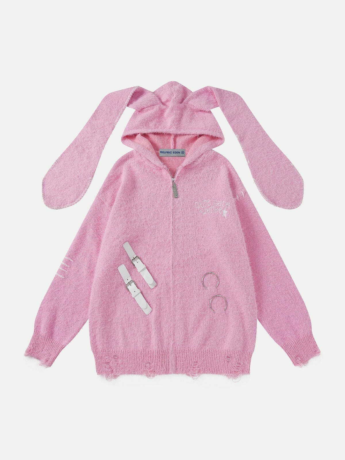 youthful rabbit ear hoodie distressed knit charm 1606
