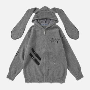 youthful rabbit ear hoodie distressed knit charm 1893