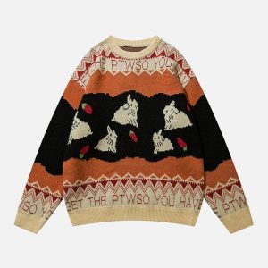 youthful rabbit graphic sweater   cozy & iconic style 2563