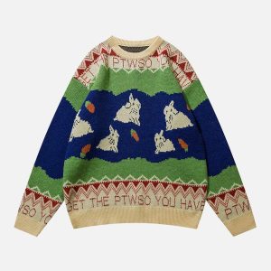 youthful rabbit graphic sweater   cozy & iconic style 7814