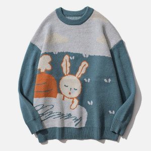 youthful rabbit print knit sweater cozy & chic comfort 6146