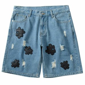 youthful ripped denim puzzle shorts   streetwear icon 3603