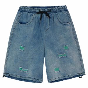youthful ripped denim shorts with drawstring design 3202