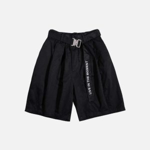 youthful solid big belt shorts   chic urban streetwear 8091