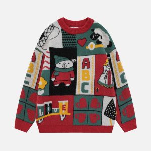 youthful spliced bear sweater   iconic & playful design 8428