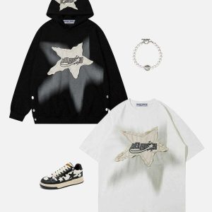 youthful star applique hoodie   irregular design charm 1200
