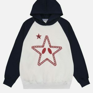 youthful star print hoodie eclectic patchwork design 6248