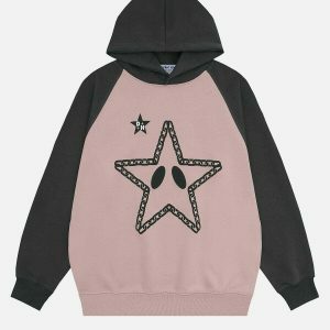 youthful star print hoodie eclectic patchwork design 7589