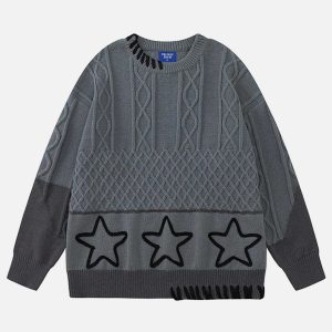 youthful star rope embroidered sweater   chic urban appeal 5525