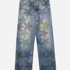 youthful stars print jeans iconic & vibrant street style 5403