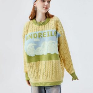 youthful stitched color rabbit sweater   quirky & fun 3382