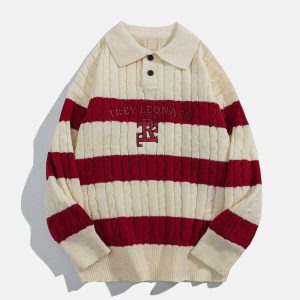 youthful stripe polo sweater   chic & dynamic streetwear 5319