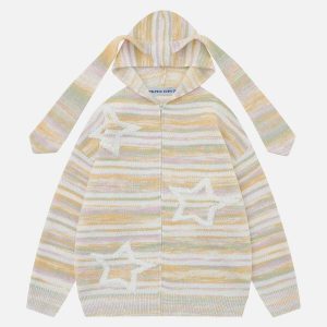 youthful stripe rabbit ear hoodie   quirky knit design 3069