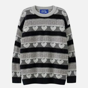 youthful striped heart sweater   chic jacquard design 3871