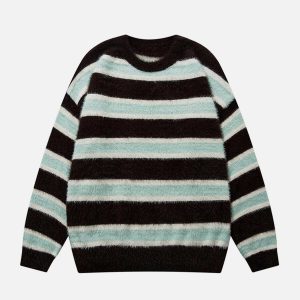 youthful striped jacquard sweater with edgy rips 8396