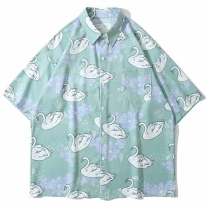 youthful swan print shirt short sleeved & vibrant style 4506