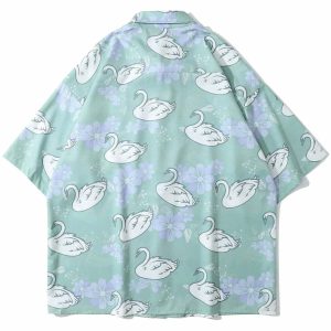 youthful swan print shirt short sleeved & vibrant style 5688