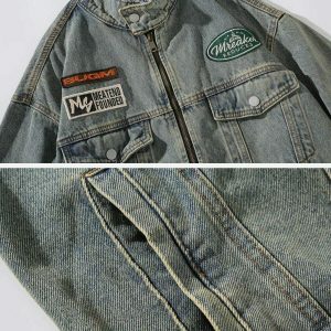 youthful washed denim racing jacket   chic urban appeal 4264