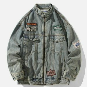 youthful washed denim racing jacket   chic urban appeal 8087