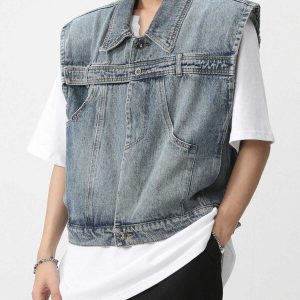 youthful washed vest with shoulder pads   chic urban look 7115